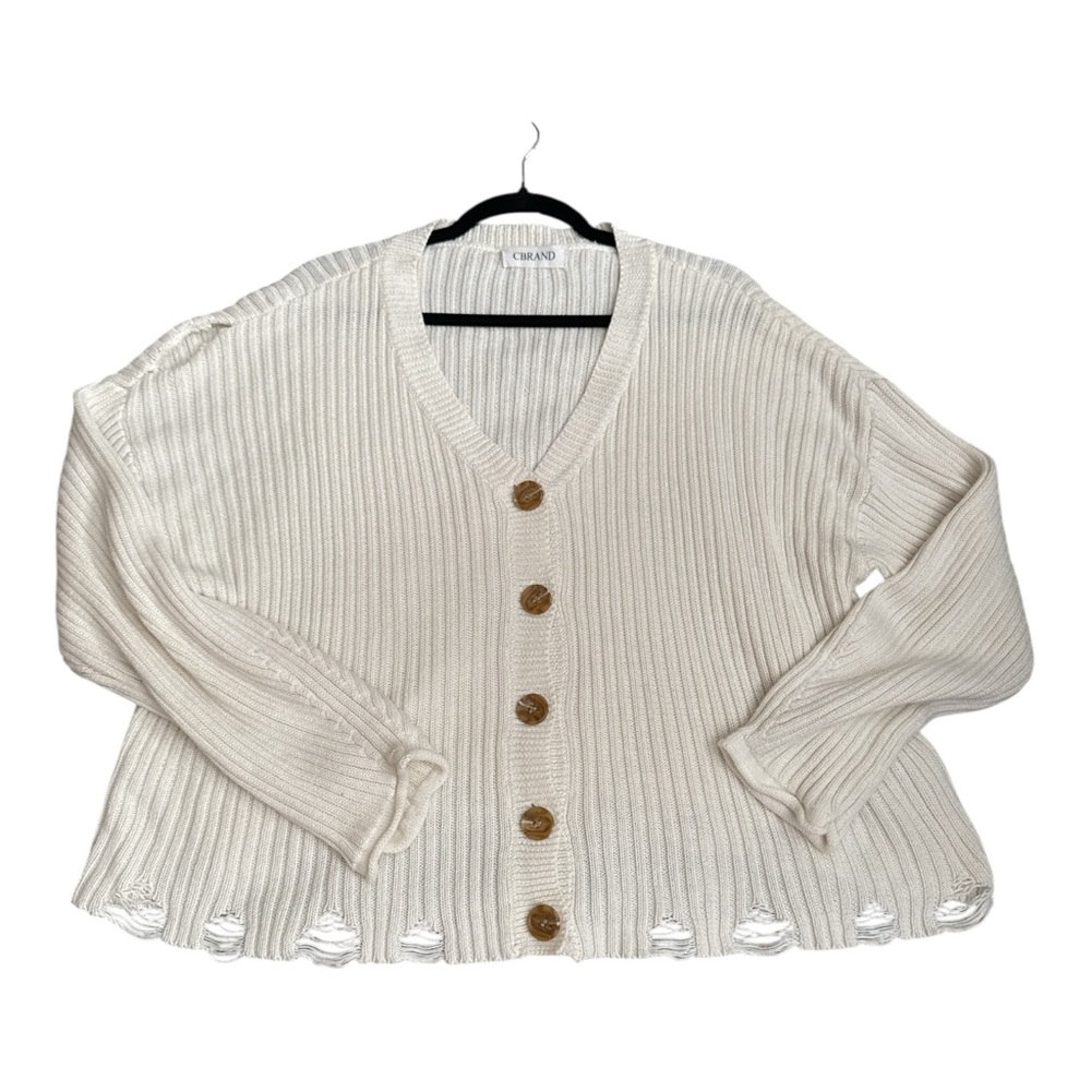 Cbrand Ivory Button-Up Cardigan Cotton Blend Size Large Distressed Hem Casual